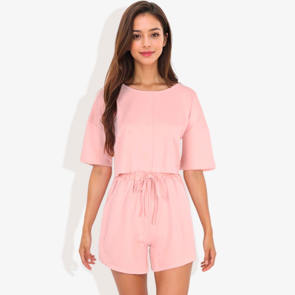 Casual Two-Piece Set Short Sleeve Crop Top and Elastic Waist Shorts