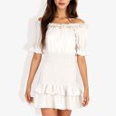  Off Shoulder Smocked Mini Dress with Ruffle Hem and Puff Sleeves Casual Summer Dress