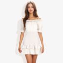  Off Shoulder Smocked Mini Dress with Ruffle Hem and Puff Sleeves Casual Summer Dress