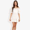  Off Shoulder Smocked Mini Dress with Ruffle Hem and Puff Sleeves Casual Summer Dress