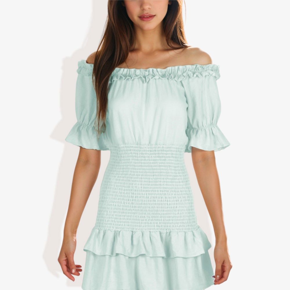 Off Shoulder Smocked Mini Dress with Ruffle Hem and Puff Sleeves Casual Summer Dress