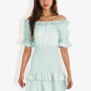 Green Large Off Shoulder Smocked Mini Dress with Ruffle Hem and Puff Sleeves Casual Summer Dress