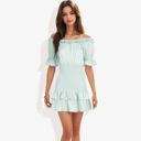 Green Large Off Shoulder Smocked Mini Dress with Ruffle Hem and Puff Sleeves Casual Summer Dress