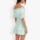 Green Large Off Shoulder Smocked Mini Dress with Ruffle Hem and Puff Sleeves Casual Summer Dress