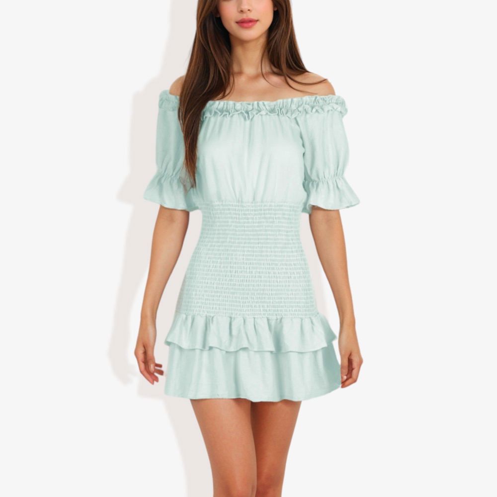 Off Shoulder Smocked Mini Dress with Ruffle Hem and Puff Sleeves Casual Summer Dress