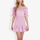 Pink Large Off Shoulder Smocked Mini Dress with Ruffle Hem and Puff Sleeves Casual Summer Dress