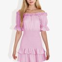 Pink Large Off Shoulder Smocked Mini Dress with Ruffle Hem and Puff Sleeves Casual Summer Dress