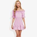 Pink Large Off Shoulder Smocked Mini Dress with Ruffle Hem and Puff Sleeves Casual Summer Dress