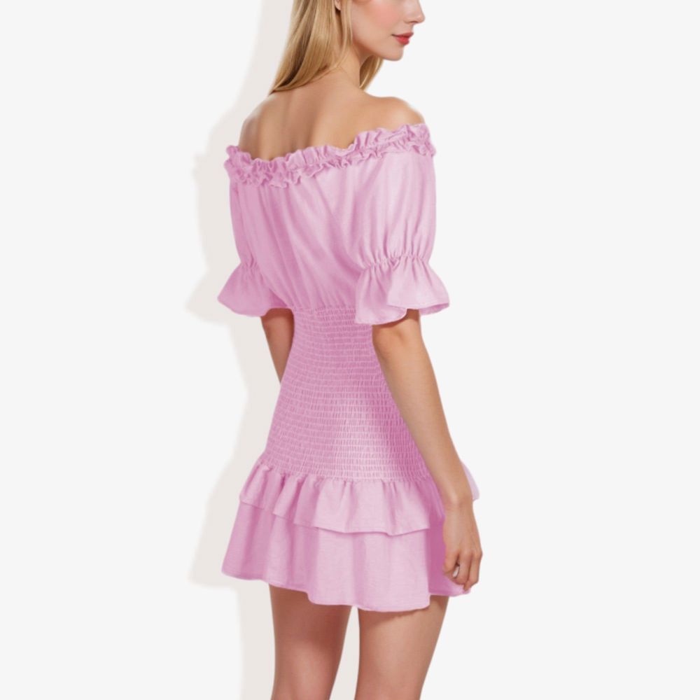 Off Shoulder Smocked Mini Dress with Ruffle Hem and Puff Sleeves Casual Summer Dress