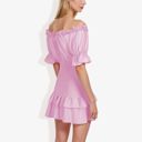 Pink Large Off Shoulder Smocked Mini Dress with Ruffle Hem and Puff Sleeves Casual Summer Dress