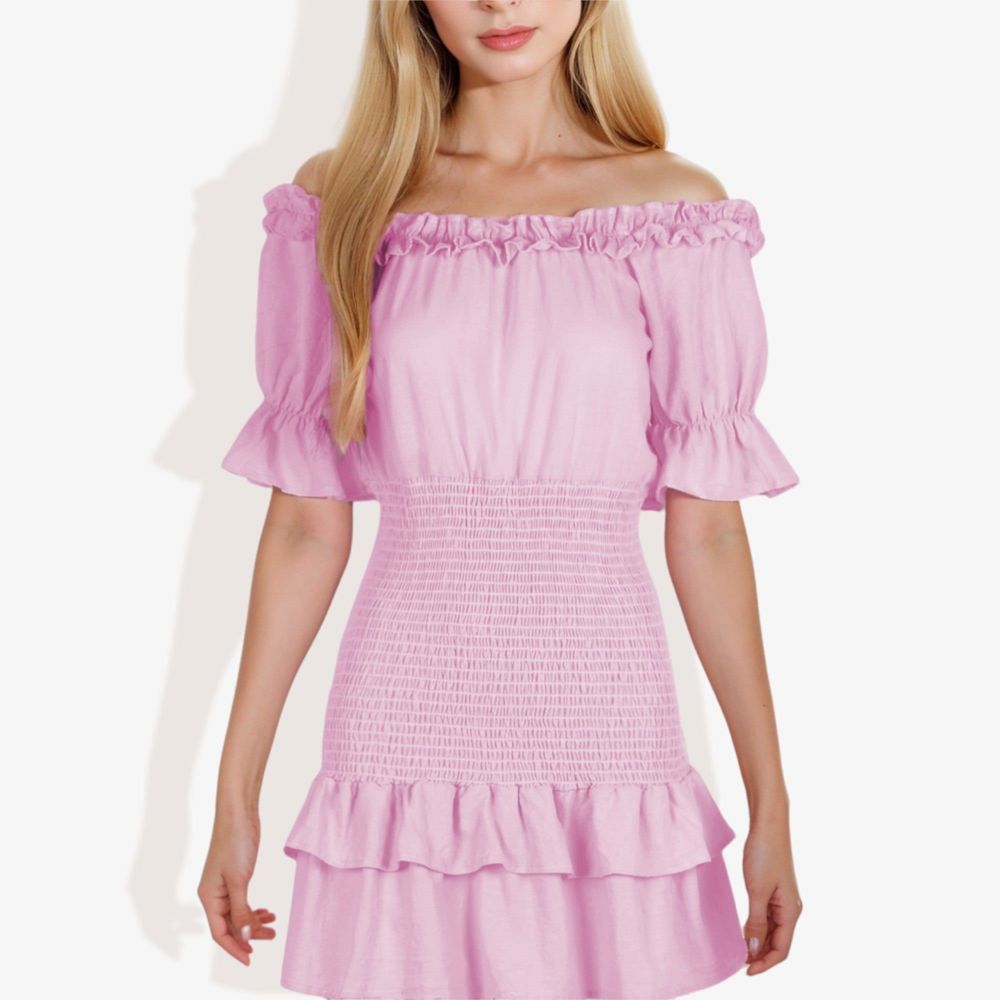 Off Shoulder Smocked Mini Dress with Ruffle Hem and Puff Sleeves Casual Summer Dress