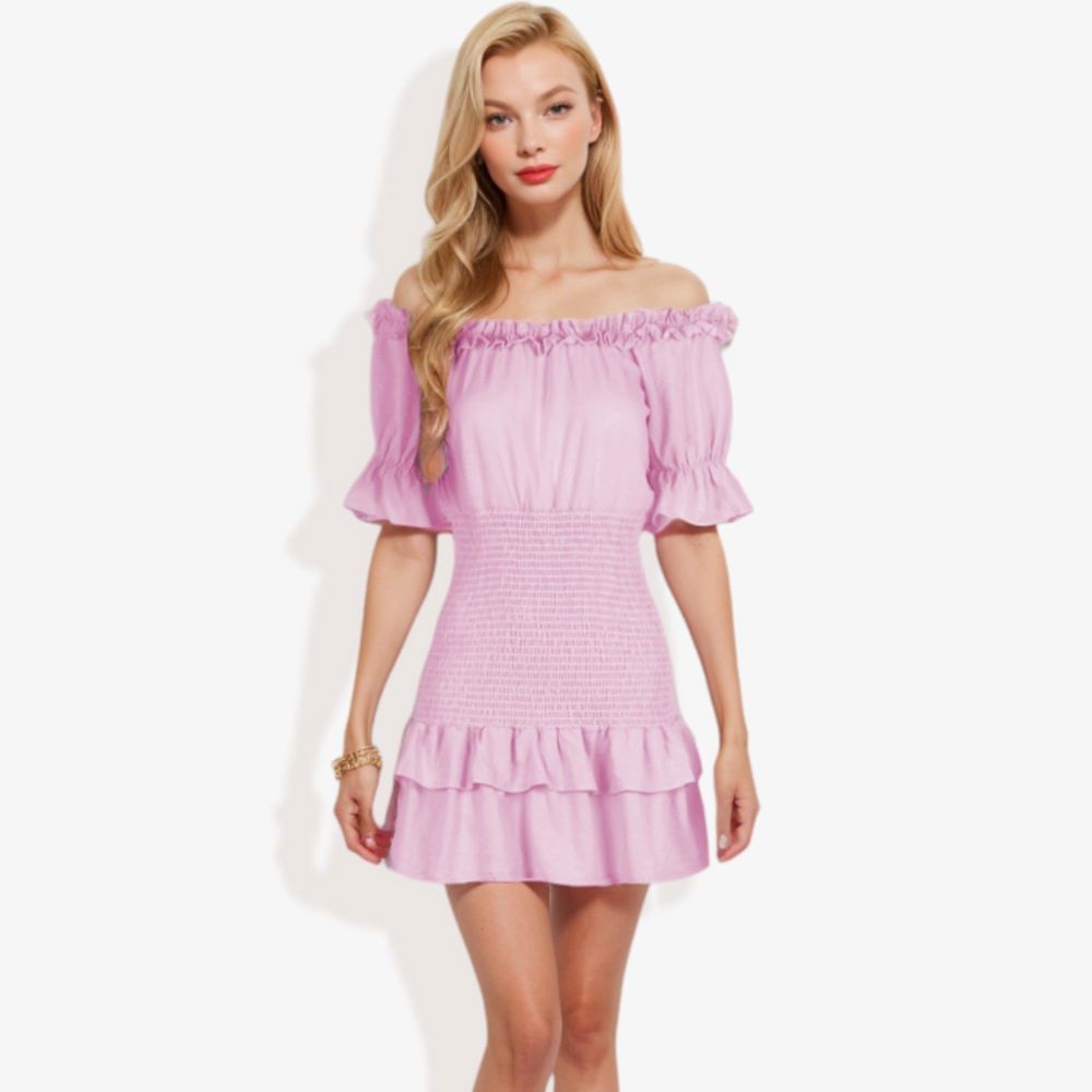 Off Shoulder Smocked Mini Dress with Ruffle Hem and Puff Sleeves Casual Summer Dress