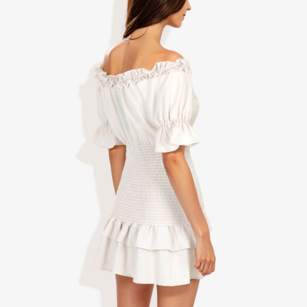 Off Shoulder Smocked Mini Dress with Ruffle Hem and Puff Sleeves Casual Summer Dress