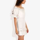 White Large Off Shoulder Smocked Mini Dress with Ruffle Hem and Puff Sleeves Casual Summer Dress