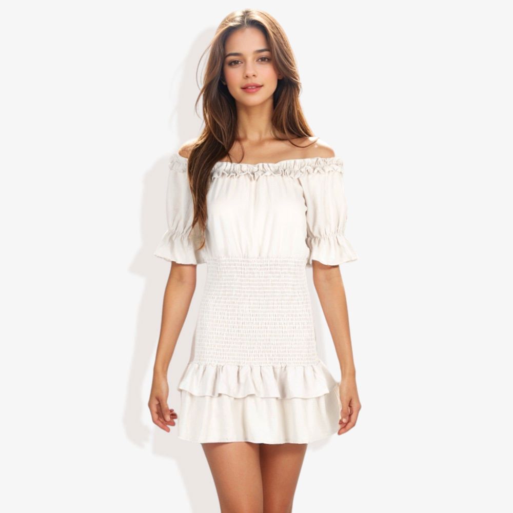 Off Shoulder Smocked Mini Dress with Ruffle Hem and Puff Sleeves Casual Summer Dress