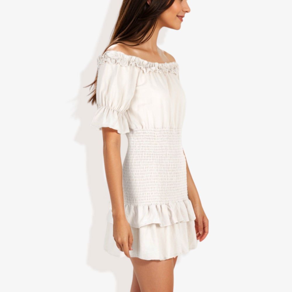 Off Shoulder Smocked Mini Dress with Ruffle Hem and Puff Sleeves Casual Summer Dress