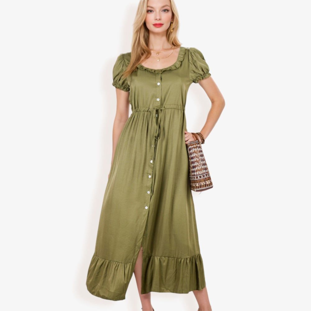 Short Sleeve Button Down Midi Dress with Ruffle Trim and Drawstring Waist