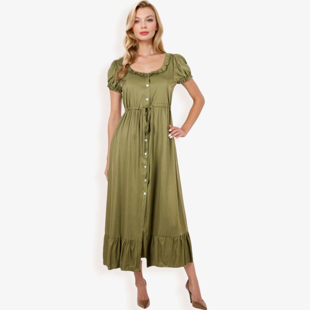 Short Sleeve Button Down Midi Dress with Ruffle Trim and Drawstring Waist