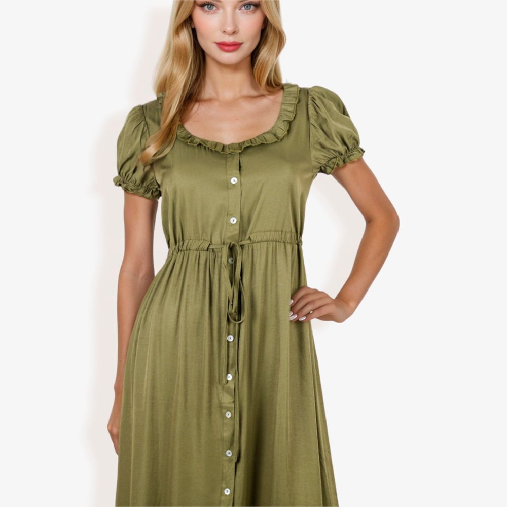 Short Sleeve Button Down Midi Dress with Ruffle Trim and Drawstring Waist