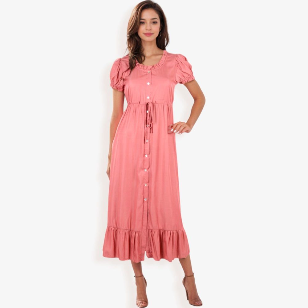 Short Sleeve Button Down Midi Dress with Ruffle Trim and Drawstring Waist