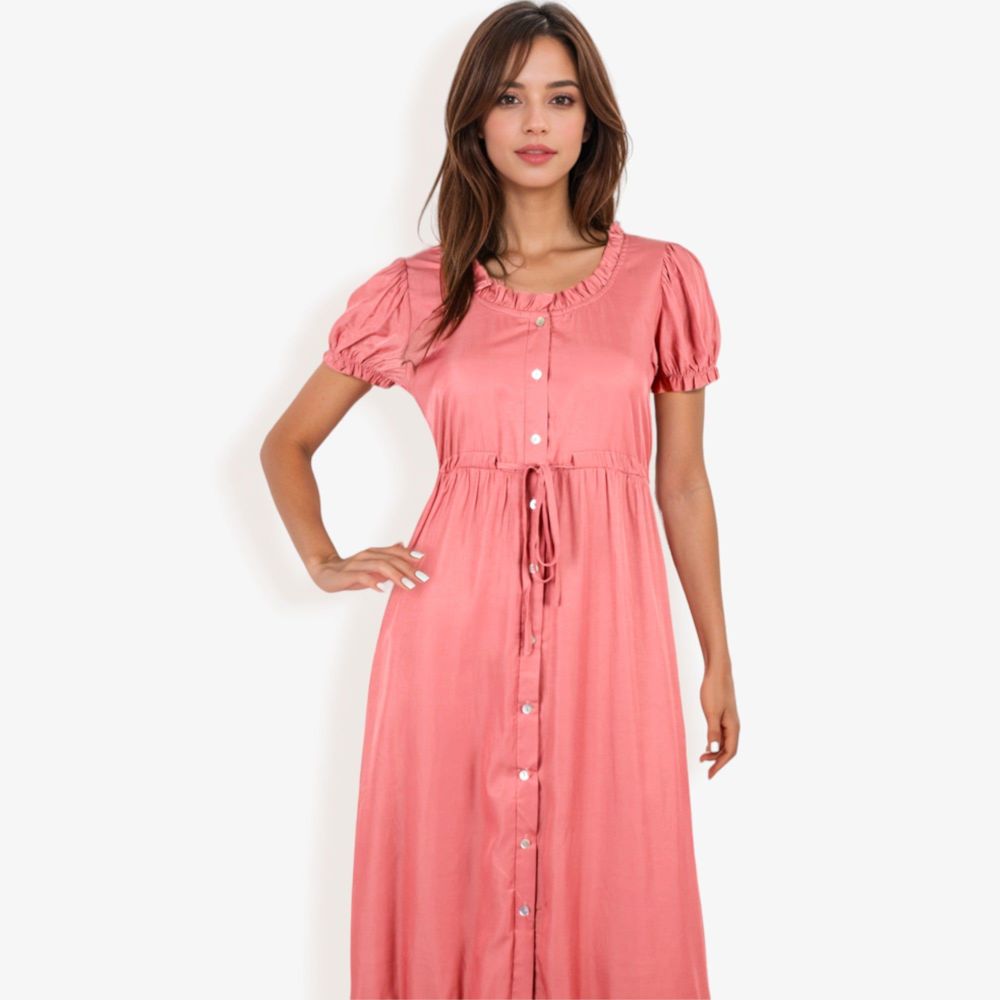 Short Sleeve Button Down Midi Dress with Ruffle Trim and Drawstring Waist