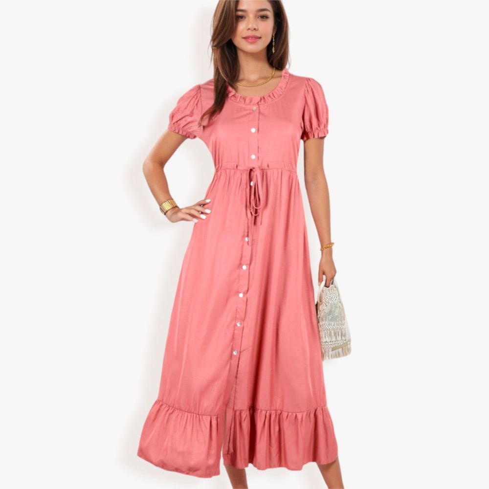 Short Sleeve Button Down Midi Dress with Ruffle Trim and Drawstring Waist