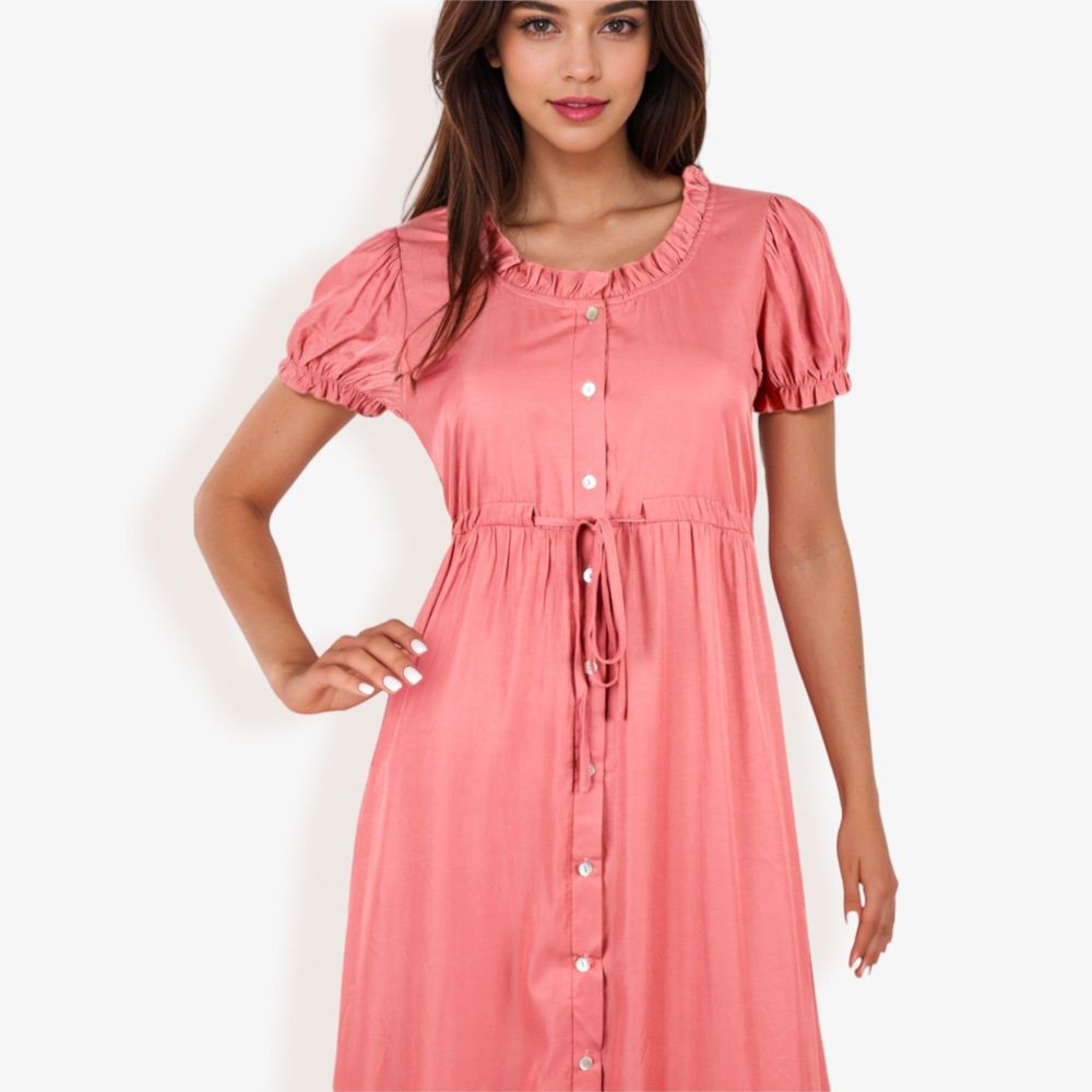 Short Sleeve Button Down Midi Dress with Ruffle Trim and Drawstring Waist