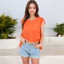 Orange Large Sleeveless Ruffled Babydoll Top with Tiered Peplum Hem and Crew Neck Casual Loose Fit Blouse