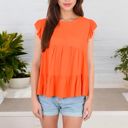 Orange Medium Sleeveless Ruffled Babydoll Top with Tiered Peplum Hem and Crew Neck Casual Loose Fit Blouse