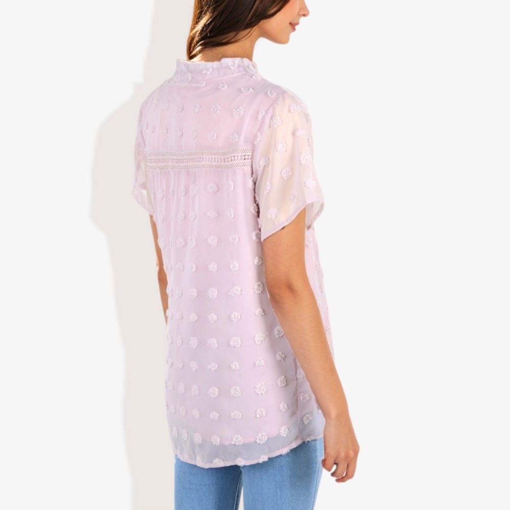 Short Sleeve V-Neck Swiss Dot Blouse with Ruffle Trim Casual Peasant Top