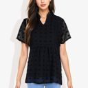 Black Large Short Sleeve V-Neck Swiss Dot Blouse with Ruffle Trim Casual Peasant Top