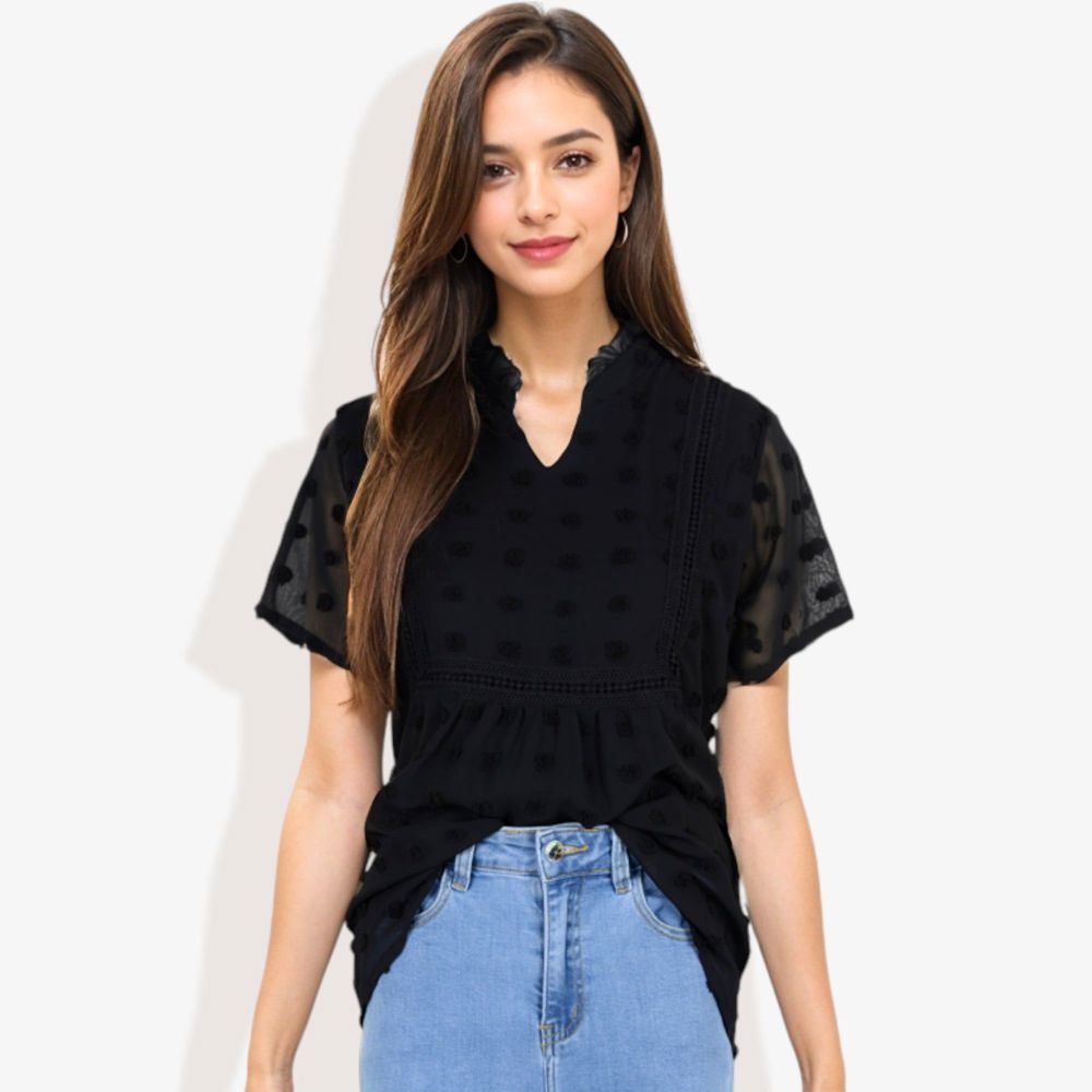 Short Sleeve V-Neck Swiss Dot Blouse with Ruffle Trim Casual Peasant Top