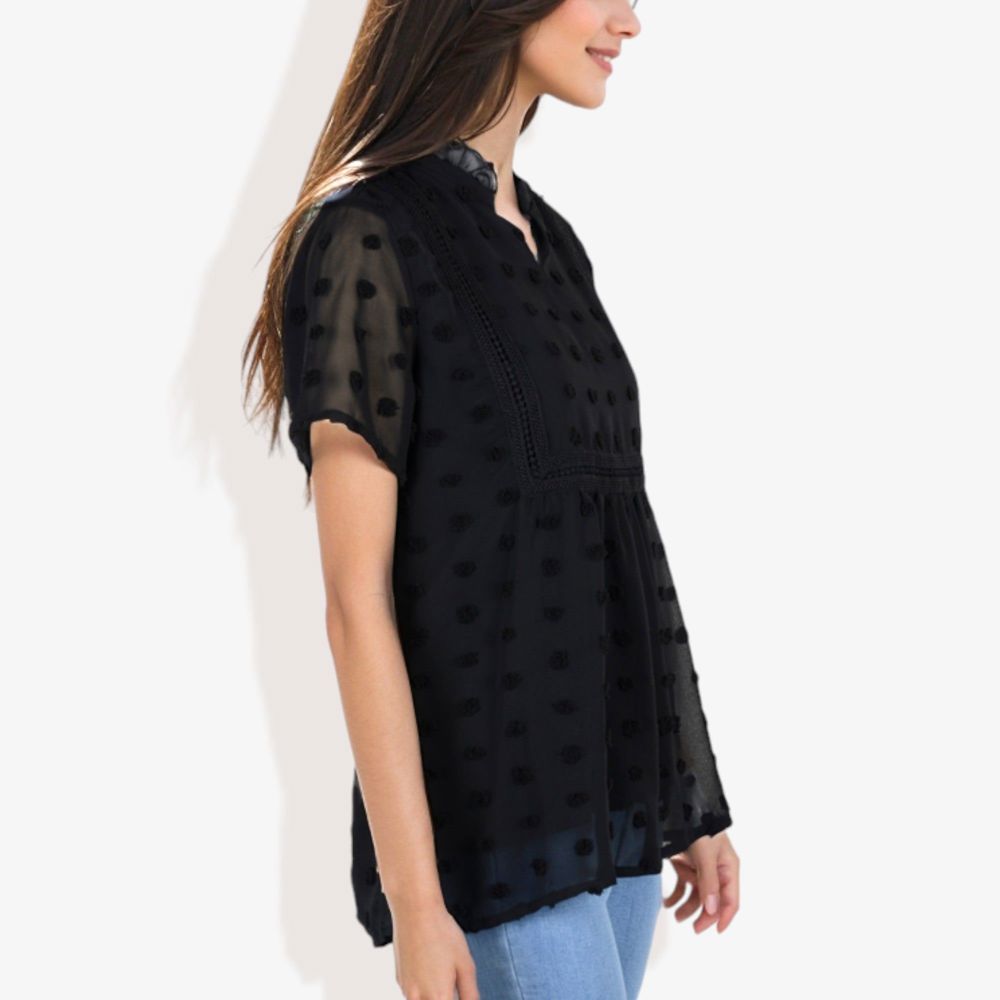 Short Sleeve V-Neck Swiss Dot Blouse with Ruffle Trim Casual Peasant Top