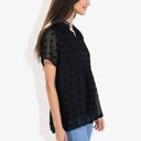 Black Large Short Sleeve V-Neck Swiss Dot Blouse with Ruffle Trim Casual Peasant Top