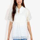 White Large Short Sleeve V-Neck Swiss Dot Blouse with Ruffle Trim Casual Peasant Top