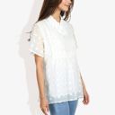 White Large Short Sleeve V-Neck Swiss Dot Blouse with Ruffle Trim Casual Peasant Top