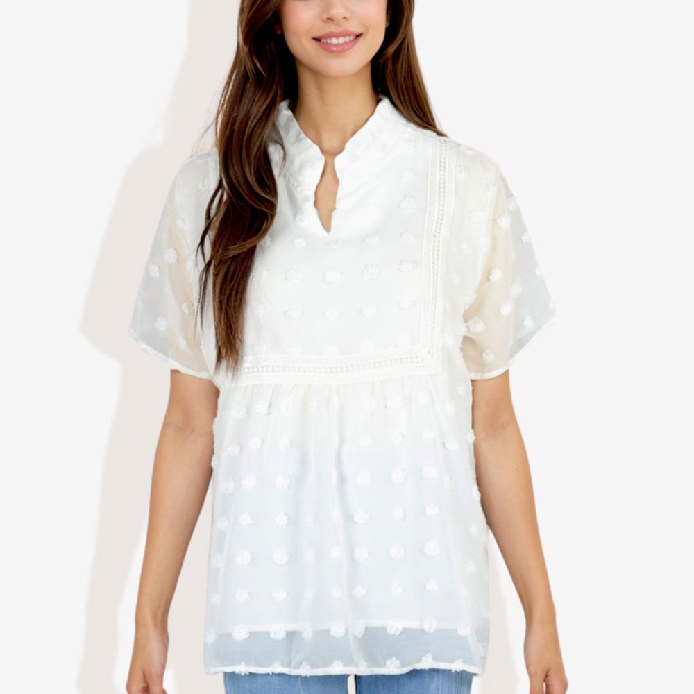 Short Sleeve V-Neck Swiss Dot Blouse with Ruffle Trim Casual Peasant Top