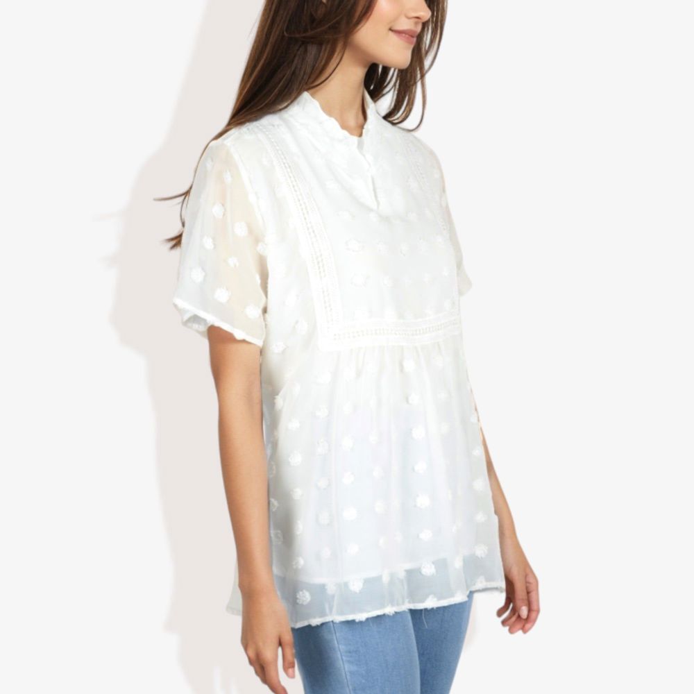 Short Sleeve V-Neck Swiss Dot Blouse with Ruffle Trim Casual Peasant Top