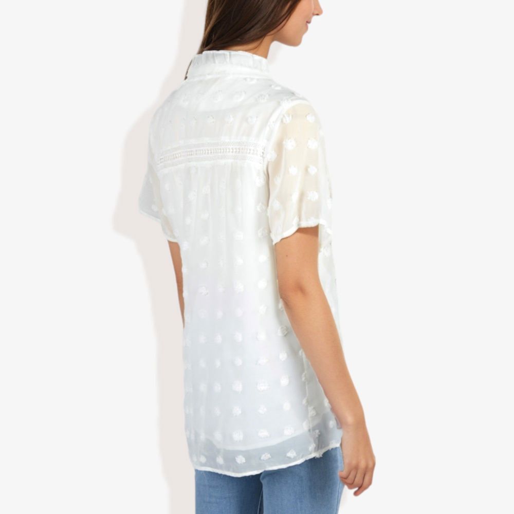 Short Sleeve V-Neck Swiss Dot Blouse with Ruffle Trim Casual Peasant Top