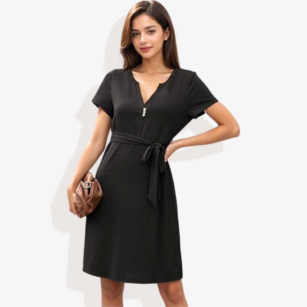 Button Detail Notched V-Neck Short Sleeve Belted Flared Tunic Dress