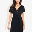  Button Detail Notched V-Neck Short Sleeve Belted Flared Tunic Dress