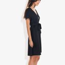  Button Detail Notched V-Neck Short Sleeve Belted Flared Tunic Dress