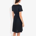  Button Detail Notched V-Neck Short Sleeve Belted Flared Tunic Dress