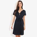  Button Detail Notched V-Neck Short Sleeve Belted Flared Tunic Dress