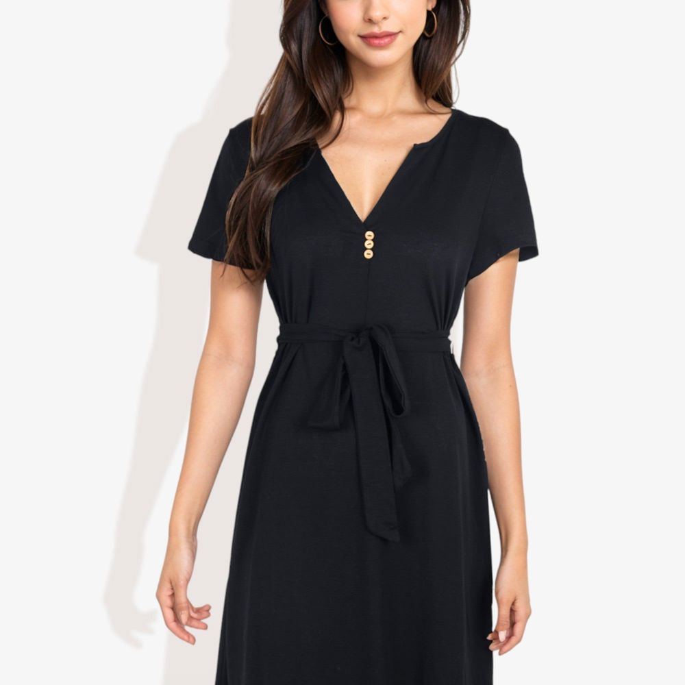 Button Detail Notched V-Neck Short Sleeve Belted Flared Tunic Dress