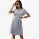 Gray Large Button Detail Notched V-Neck Short Sleeve Belted Flared Tunic Dress