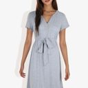 Gray Large Button Detail Notched V-Neck Short Sleeve Belted Flared Tunic Dress