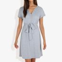 Gray Large Button Detail Notched V-Neck Short Sleeve Belted Flared Tunic Dress