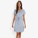 Gray Large Button Detail Notched V-Neck Short Sleeve Belted Flared Tunic Dress