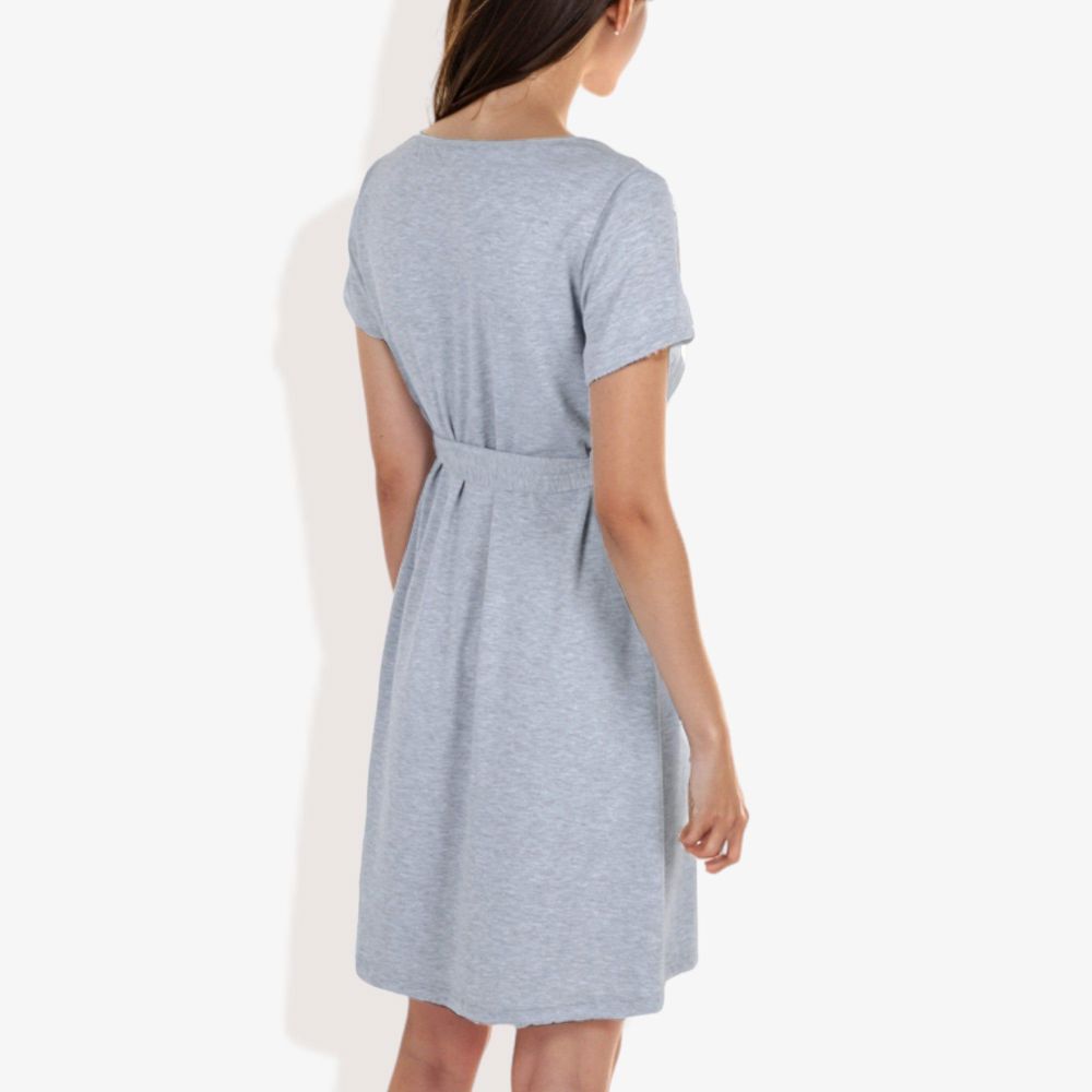 Button Detail Notched V-Neck Short Sleeve Belted Flared Tunic Dress